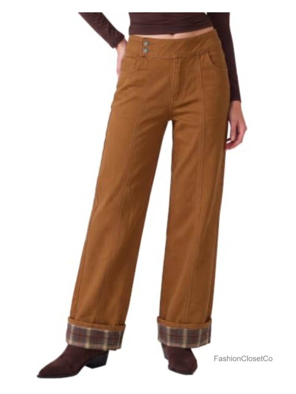 Wide Leg High Rise Jeans Plaid Cuffed Hem Stretch Denim Pants